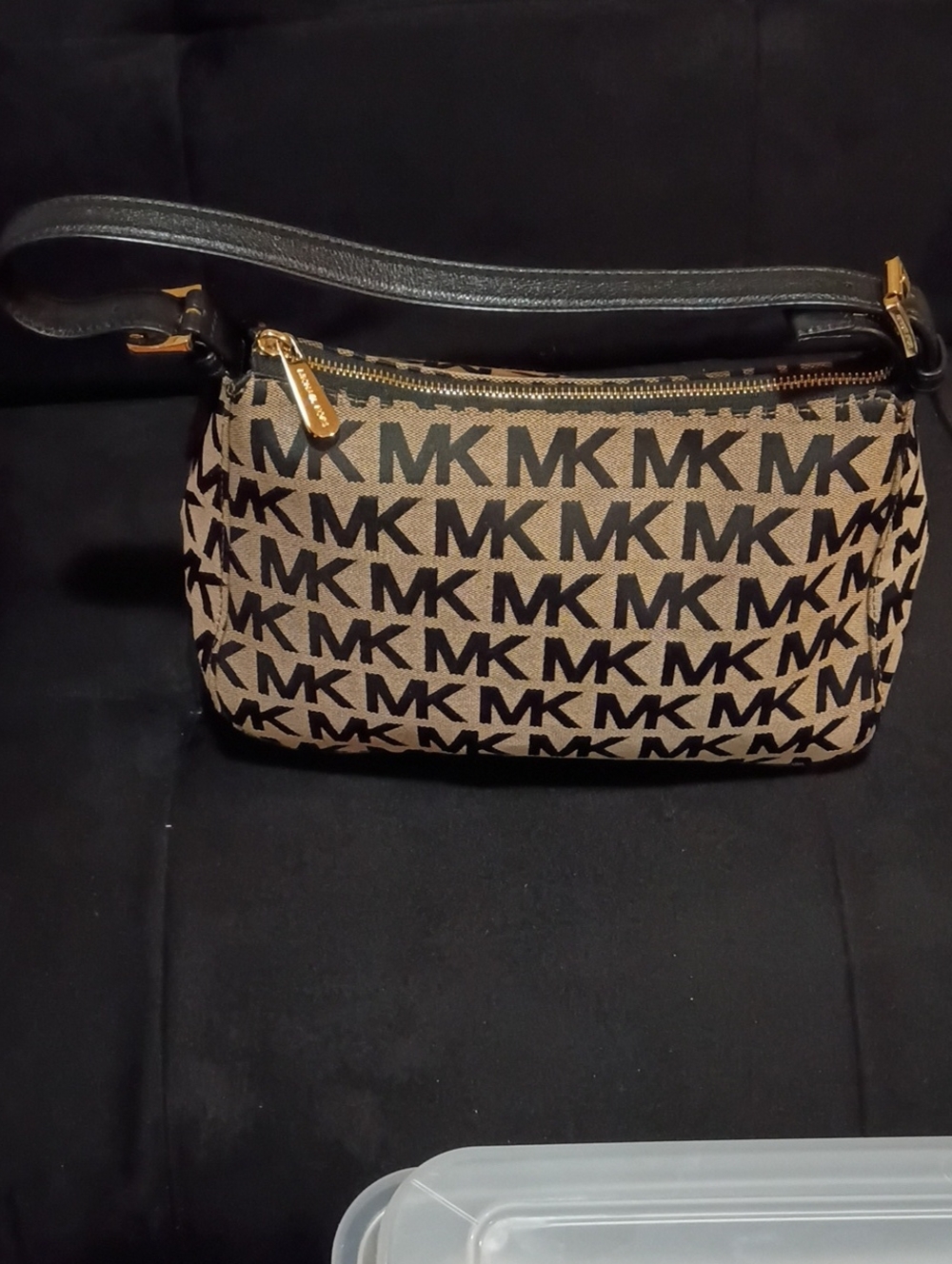 Michael Kors Brown Canvas MK Logo Shoulder Bag with Black Strap